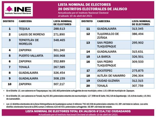 Concentra Zona Metropolitana 12 de 20 distritos electorales de Jalisco