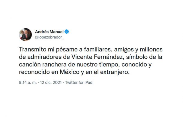 Envía AMLO pésame a los deudos de Vicente Fernández