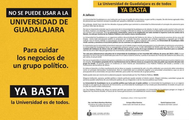 Los tres poderes de Jalisco publican desplegado contra grupo político de la UdeG
