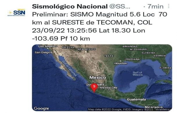 Sismo sacude este mediodía Tecomán; se percibe en ZMG