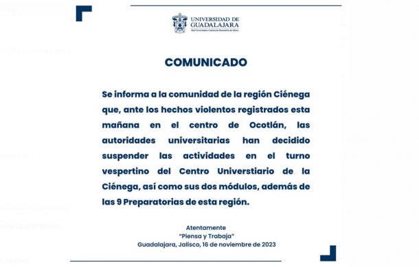 Suspende UdeG actividades vespertinas en región Ciénega