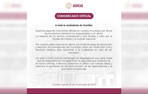 Reportan controlada la situación en Ocotlán tras balacera