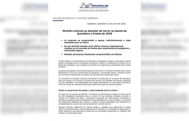 Michelin cerrará su planta en Querétaro a finales de 2025 por cambios en el mercado