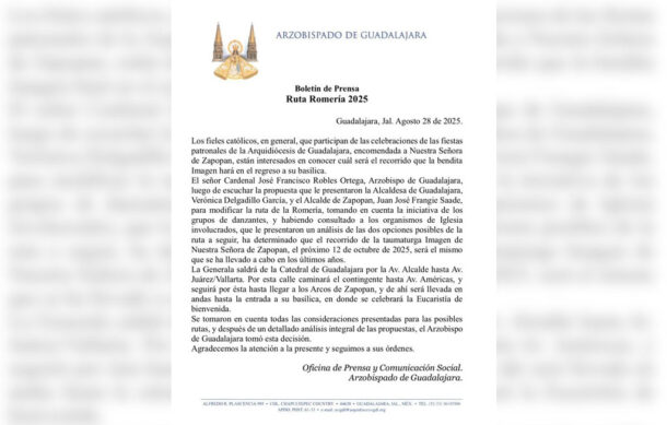 Informa arzobispado que se mantendrá la ruta tradicional de la Romería de la Virgen de Zapopan
