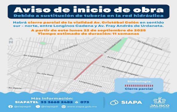 Cerrarán parcialmente avenida Colón por obras del SIAPA durante 11 semanas