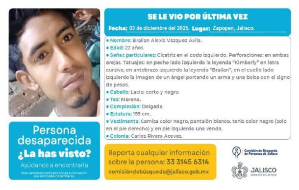 Buscan a joven desaparecido en la colonia Carlos Rivera Aceves de Zapopan
