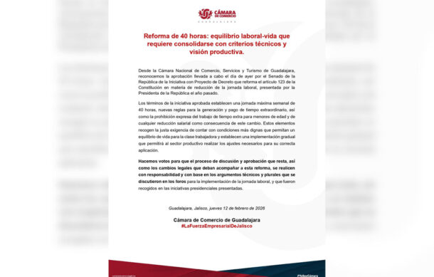 Canaco Guadalajara respalda reducción de la jornada laboral a 40 horas