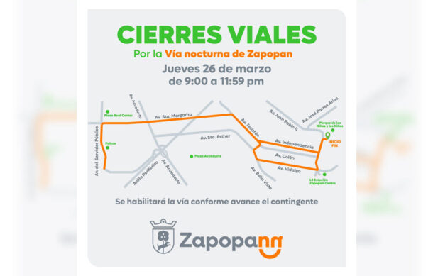 Anuncian cierres viales en Zapopan por rodada nocturna del 26 de marzo