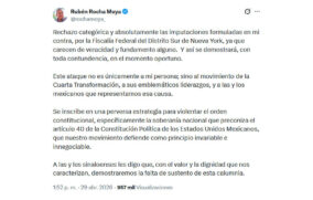 Rubén Rocha rechaza acusaciones de EU y denuncia ataque a la soberanía