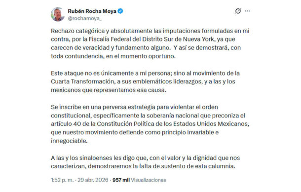 Rubén Rocha rechaza acusaciones de EU y denuncia ataque a la soberanía
