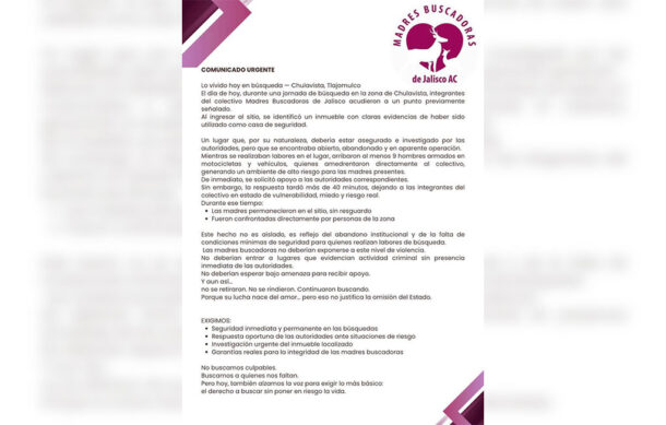 Madres Buscadoras de Jalisco denuncian falta de seguridad y acompañamiento