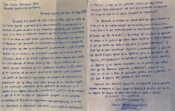 Vicealmirante preso por huachicol fiscal envía nueva carta a Sheinbaum