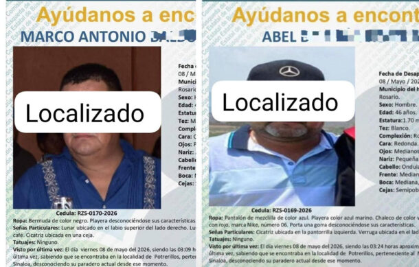 Localizan con vida a dos hombres desaparecidos en Sinaloa