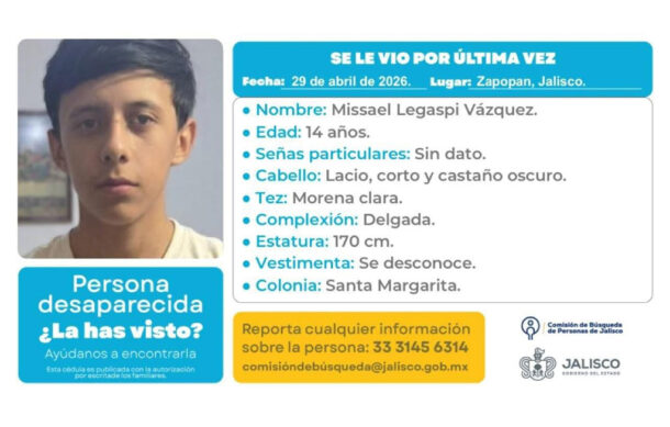 Buscan en Zapopan a adolescente desaparecido desde hace nueve días