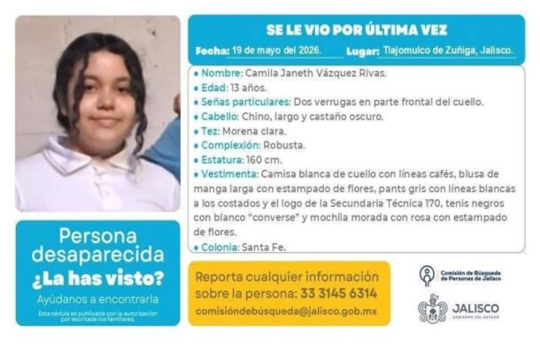 Buscan a Camila Janeth, de 13 años, desaparecida en Tlajomulco