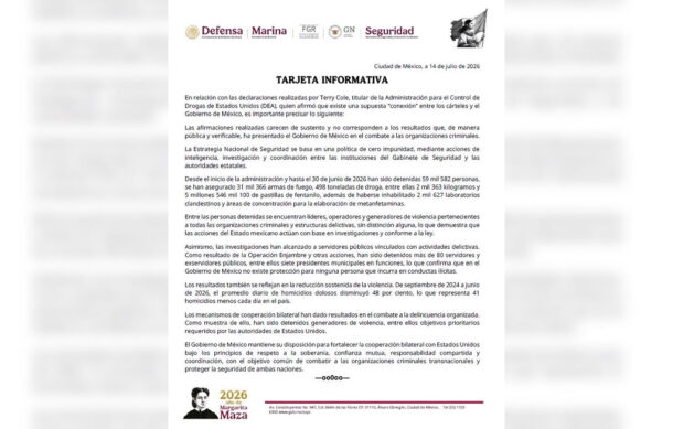 México rechaza señalamientos de la DEA sobre presuntos vínculos con cárteles